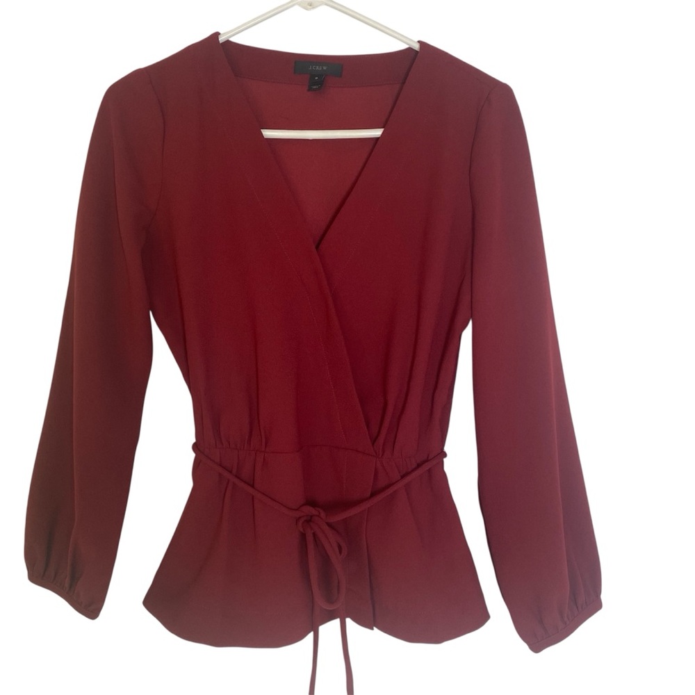 J. Crew V-Neck, Front Tie, Billowy Sleeve, Y2K, 90s, Dress Blouse Burgundy SZ 0